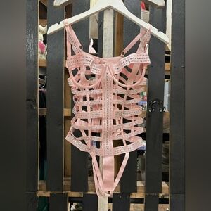 Pink Strappy Rhinestone Bustier Bodysuit